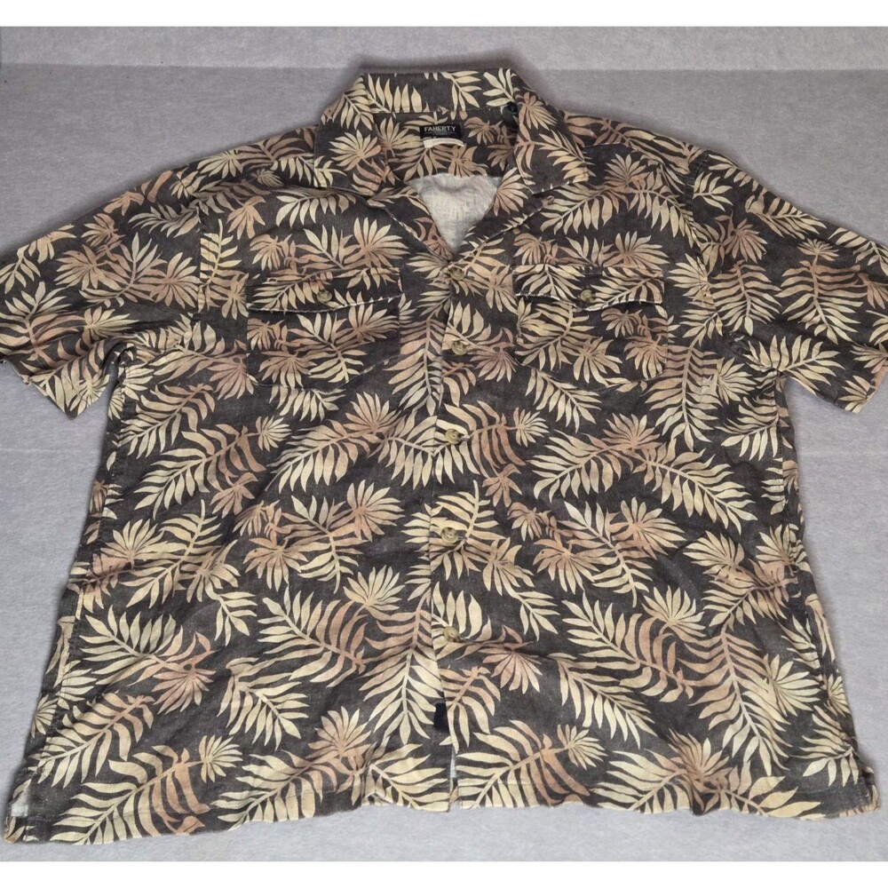 FAHERTY SS Soft Wash Linen Camp Shirt Blk Tropical Leaf Print Men's Medium NWOT